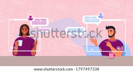 Virtual meeting or call concept with cheerful young couple talking in internet. Online relationship illustration with communicating man and women. Virtual meeting or video conference vector background