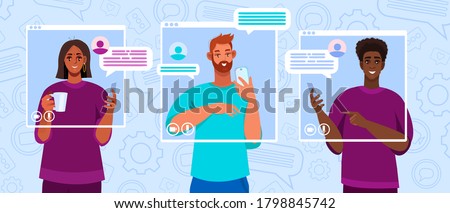 Virtual meeting illustration with diverse freelancers communicating online. Video call, group chat or conference concept with men, women, smartphones. Virtual meeting banner with abstract messages