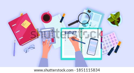 Financial accounting flat lay concept with hands managing and planning family budget. Personal monthly audit top view illustration with smartphone, workplace, folder. Budget planning background 
