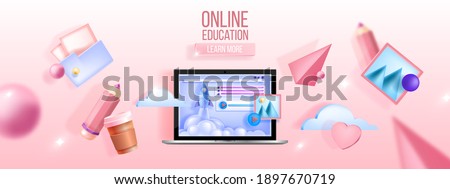 Online education vector concept, e-learning, computer training, remote courses, webinar web background. Digital internet video tutorial, lecture, classes 3D banner. Online education, study with laptop
