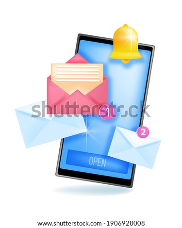 Mobile message notification, new alert vector icon, alarm or notice illustration with smartphone, bell, envelopes. Email, sms, chat reminder with phone screen, numbers. Smartphone notification logo