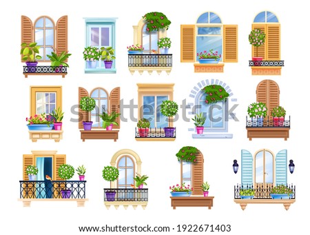 Old town window frame, vintage European balcony set with house plants, wooden shutters, rails, glass. City architecture exterior, facade front view collection. Street closed, opened windows, balconies