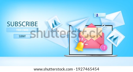 Subscribe email newsletter vector web page template, social media marketing banner, laptop screen. Business monthly promotional letter background, opened envelope. Subscribe newsletter 3D concept 