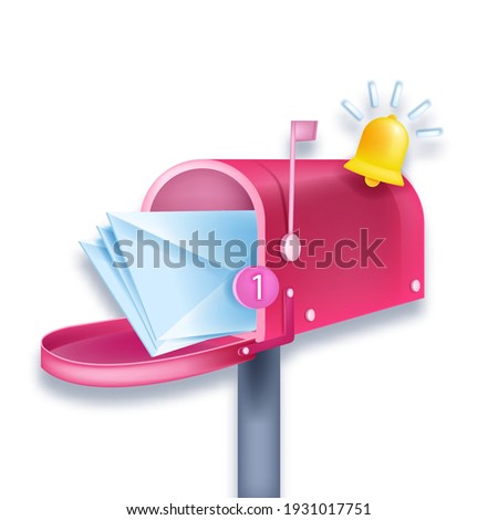 Vector pink mailbox 3D notification illustration, newsletter, envelopes, number one, bell isolated on white. Email, letter delivery postal business concept. Open newsletter mailbox internet web logo