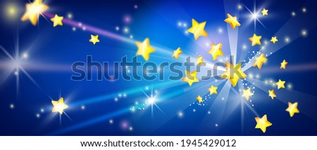 Star vector background, light beams, night blue sky, magic shine energy explosion, defocused flare. Golden light spread abstract space wallpaper. Star background, jackpot digital game banner