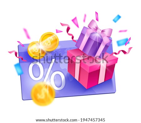 Loyalty program, customer gift reward bonus card vector illustration, present box, gold coins, confetti. Online shopping discount, sale client voucher design. Loyalty program, cash back advertisement