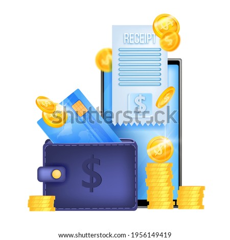 Online payment, vector finance illustration, smartphone screen, payment card, wallet, receipt. Electronic mobile transfer, safe transaction, digital money, e-commerce concept. Online payment clipart 