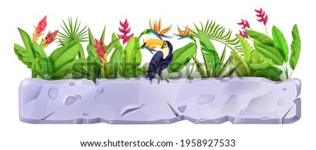 Stone sign board, vector jungle rock ui game element, toucan, tropical exotic flowers, banana leaves. Grey cracked wall, menu panel, fern, granite border isolated on white. Square stone board concept