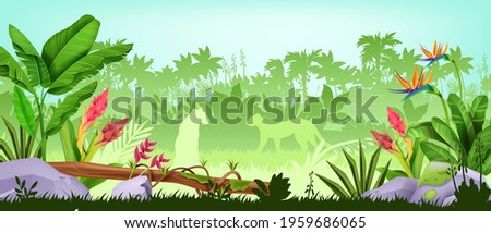 Jungle background, tropical rainforest landscape, exotic wood vector view, green leaves, palm trees, flowers. Wild life nature environment banner, leopard silhouette. Jungle background, grass, stone