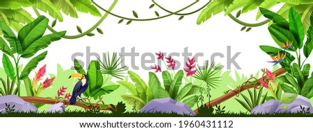 Jungle vector frame, rainforest exotic border, wildlife tropical nature banner, banana leaves, toucan, liana. Environmental game Hawaii background, Amazon floral banner. Jungle frame, stone, flowers