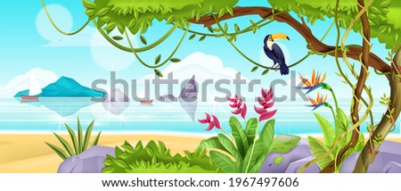 Summer jungle beach landscape, vector tropical island nature background, ocean, sand, toucan, liana, tree. Paradise seashore exotic wallpaper, rocks, boats, sky, clouds. Horizontal beach landscape