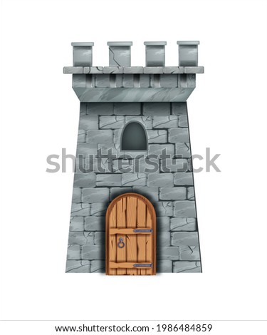 Old stone castle tower, vector medieval brick wall fortress, wooden door, loopholes. Fairytale game history building, gray donjon, window, city entrance. Castle tower isolated fantasy illustration