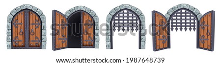 Castle gate vector medieval collection, open wooden ancient door, iron grate, stone arch isolated on white. Vintage city entrance, closed dungeon double entry. Game elements, castle gate illustration 
