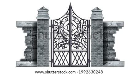Iron wrought gothic metal gate, stone column, brick wall, decorated steel vector mansion entrance. Antique vintage architecture object, facade black Victorian grate. Classic iron gate illustration