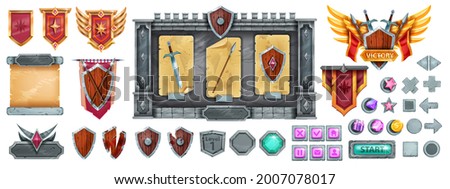 Medieval game interface vector menu button set, stone GUI icon design, cracked rock frame on white. Winner badges, wooden knight shields, victory sign, sword, spear. Game interface design elements