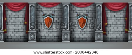 Ancient brick wall seamless background, vector stone castle interior, marble pillars, medieval shield. Vintage architecture gallery, rock columns, red curtains. Game brick wall backdrop, palace hall 