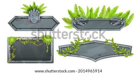 Jungle stone sign board set, game rock jungle panel, green tropical leaf, maya tiki mask, totem face, liana. UI banner kit, gray boulder frame, vine, user interface design elements. Stone sign clipart