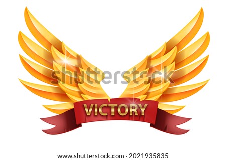 Golden angel victory wings vector illustration, winner award logo, game achievement badge, red ribbon. Success reward clipart, luxury champion label isolated on white. Fantasy phoenix golden wings