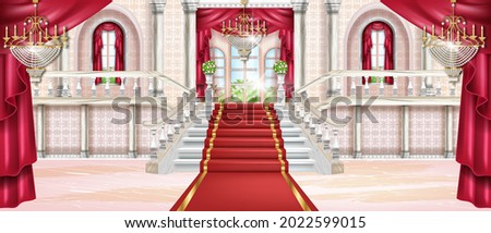 Palace vector interior background, luxury castle hall, marble staircase, arch window, carpet, chandelier. Rich classic ballroom, red curtain, balustrade, pillars. Vintage fairytale palace interior 