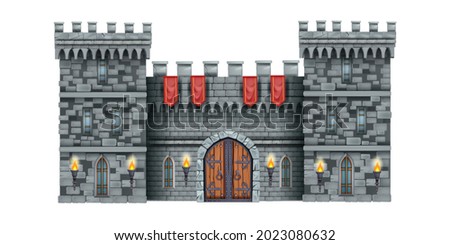 Stone castle wall vector background, medieval brick gate, old town entrance, wooden ancient door. History gray fortification clipart isolated on white, fantasy RPG royal tower. Masonry castle wall