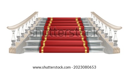 Vector palace staircase illustration, classic house stairs front view, red carpet, marble balustrade. Vintage architecture interior element, baroque theatre entrance. Palace, mansion old staircase