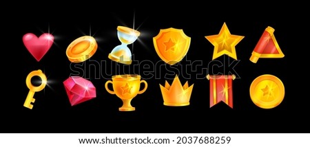Game icon set, vector UI design element collection, golden shield, red flag, gemstone, coin, star. Casino user interface symbol, victory cup, crown award prize, app RPG inventory pack. Game icon kit