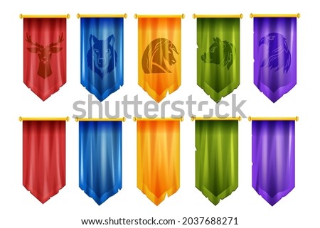 Game team flag set, vector medieval battle UI cloth banner, knight royal pennant, eSport victory logo. Heraldic coat of arms sign kit, user interface league animal mascots. Ancient fantasy game flag  Stock foto © 