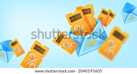 3D discount coupon sale banner, vector yellow ticket, open envelope illustration, customer gift background. Lucky present offer, loyalty program benefit concept. 3D shopping coupon promotional card 商業照片 © 
