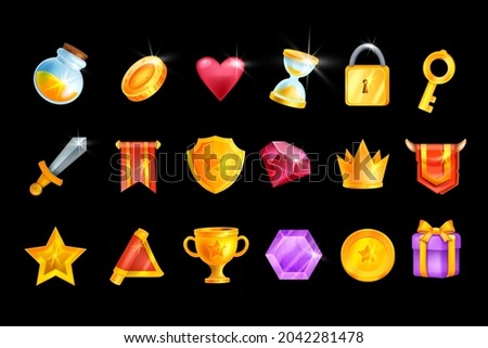 Game icon vector set, UI cartoon mobile app casino design element kit, golden coin, winner medal, shield. 2D fantasy objects, level up crown, magic gemstone, potion bottle. Trophy game icon assets