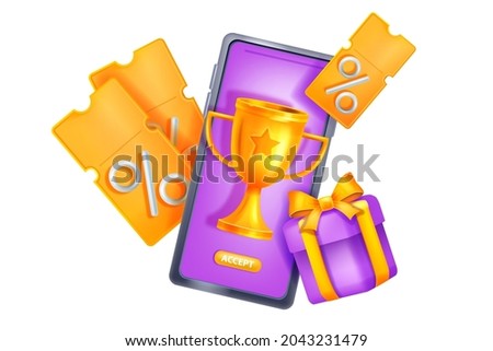 Online reward gift vector concept, 3D bonus loyalty program prize concept, smartphone screen, golden cup. Sale customer coupon, virtual voucher, present box, mobile app award. Online reward surprise