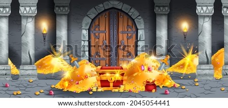 Gold treasure vector background, medieval old chest, coin pile, seamless castle dungeon game level. Ancient interior, hidden jewelry trunk, gemstone, wooden gate, torch. Gold treasure abundance banner