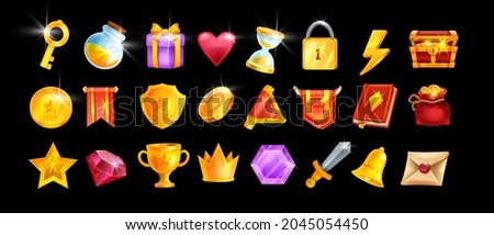 Game icon UI set, vector user casino interface badge kit, golden reward element, crown, award shield. RPG mobile app inventory object pack, red magic book, gift box, trophy cup, prize medal. Game icon