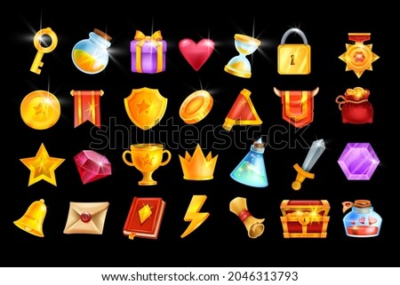Vector game icon set, mobile casino app object kit, RPG inventory badge, golden trophy cup, medal. UI design element, winner crown, red flag, treasure chest, magic potion, coin. Online game icon pack