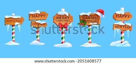 Christmas wooden sigh board set, vector x-mas North Pole road pointer, Santa Claus workshop arrow. New Year holiday game frame kit, snow drift, winter decoration titles. Christmas sign banners, icicle