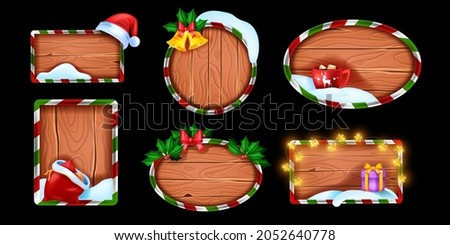 Christmas winter wooden sign board set, vector rustic holiday frame kit, snowdrift, New Year decoration. X-mas vintage timber panel, game UI empty tablet. Christmas sign badge, label collection