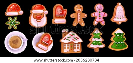 Christmas gingerbread cookie set, vector x-mas homemade sweet pastry, Santa Claus face, coffee cup. Holiday winter dessert icons, pine tree biscuit, traditional cartoon food. Christmas gingerbread man