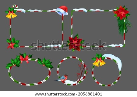 Christmas winter frame set, vector holiday x-mas border kit, New Year festive photo design element. UI game season striped banner, snowdrift, bullfinch, evergreen plants, golden bell. Christmas frame