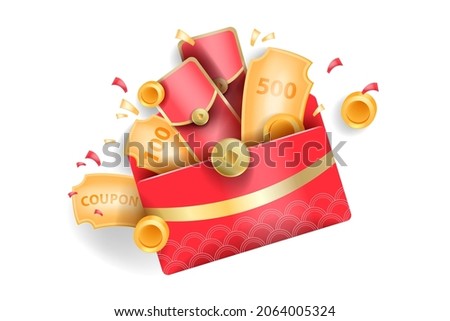 Chinese red lucky envelope, New Year money golden coin vector illustration, 3D gift promo pocket. Special promotion coupon, holiday traditional oriental discount banner. Asian festive lucky envelope