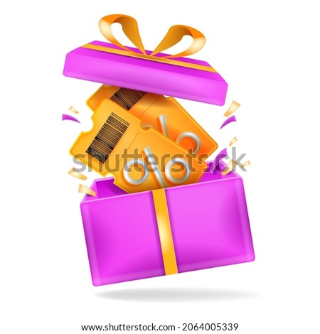 3D discount coupon illustration, vector event ticket icon badge, gift box, special voucher concept. Holiday sale, lucky win surprise, benefit reward program offer, online shopping bonus. 3D coupon