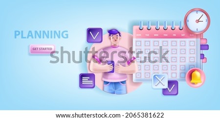 Planning vector business schedule background, 3D character, event calendar, meeting reminder concept. Busy student, work and education agenda, person time management service. 3D planning web banner