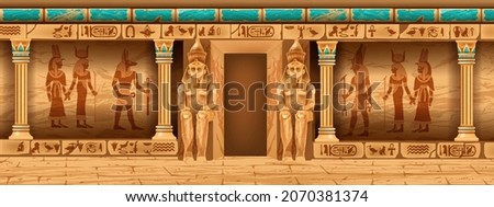 Egypt temple background, ancient pharaoh tomb interior, vector game pyramid stone wall, god outline. History archaeology palace illustration, vintage column, hieroglyph, statue. Egypt temple monument