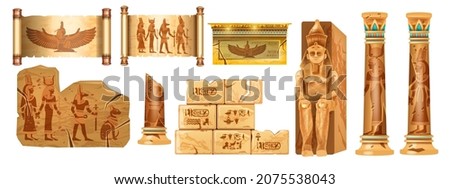 Egypt ancient stone ruin set, vector old pyramid pharaoh sculpture, antique column, cracked wall tile. Papyrus scroll paper, gods outline, mural hieroglyphs, Egyptian civilization monument. Egypt ruin