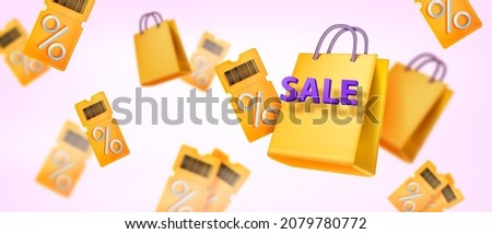 3D discount coupon banner, vector special offer flying voucher, shopping bag, online sale background. Event ticket bonus concept, customer loyalty special program, yellow pass. 3D coupon illustration