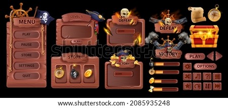 Pirate UI game set, corsair wooden interface menu background, vector button bar kit, victory defeat badge. Timber frame blank sign, plank level up board, store window banner. Pirate game collection