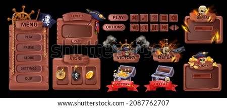 Wooden pirate game UI icon set, corsair timber menu panel, vector interface kit, victory defeat badge. Mobile app GUI buttons, gold chest, store frame, holly roger flag skull. Medieval wooden sea game