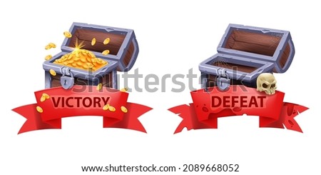 Victory defeat game badge, old gold chest, vector pirate treasure open trunk icon, full empty secret case. Corsair wooden ancient box, UI game over ribbon sign, coin pile, skull. Victory success badge