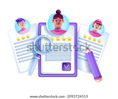 3D CV icon, vector human search digital illustration, online job research HR resume concept. Career employee hire, candidate profile, rating stars, people avatar, magnifying glass. 3D CV document file