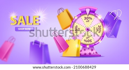 3D special sale background, vector lucky wheel shopping offer banner, fortune roulette game, bags. Bet percent rotation gamble game, customer discount gift loyalty program. Lucky spin jackpot wheel