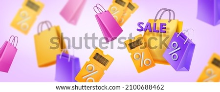 3D discount coupon banner, vector gift flying voucher background, shopping paper bag, percent sign. Lucky event ticket, special sale present, loyalty program customer yellow pass. 3D coupon reward