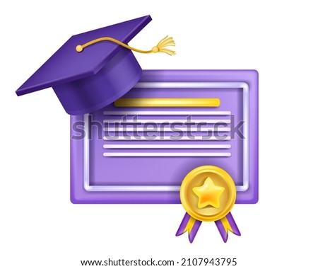 3D diploma, education certificate icon, vector winner document, graduation cap, gold medal on white. Qualification achievement paper, professional courses license, degree award. 3D diploma concept